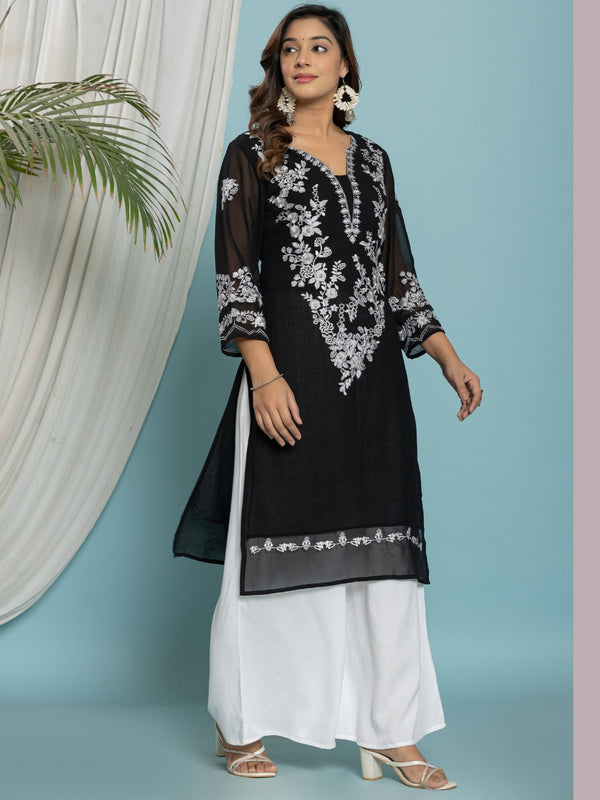 Floral Embroidered Georgette Kurta with Lining - Black