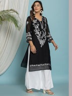 Floral Embroidered Georgette Kurta with Lining - Black