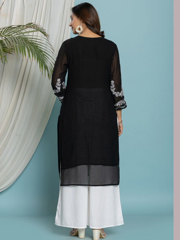 Floral Embroidered Georgette Kurta with Lining - Black