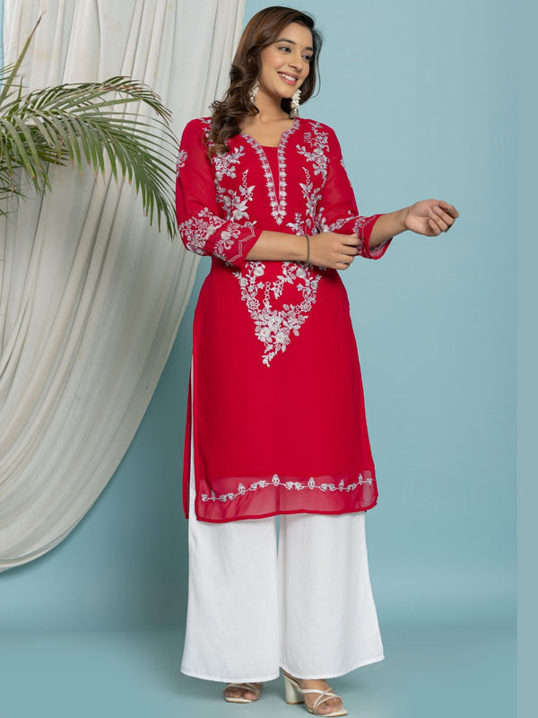 Floral Embroidered Georgette Kurta with Lining - Pink