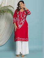 Floral Embroidered Georgette Kurta with Lining - Pink