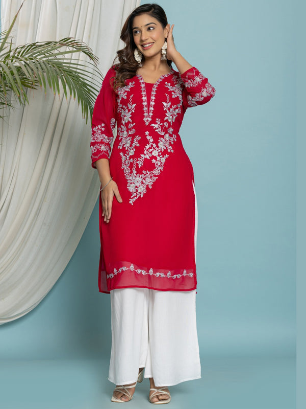 Floral Embroidered Georgette Kurta with Lining - Pink
