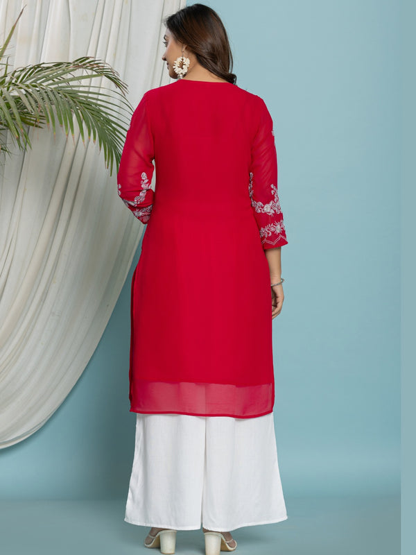 Floral Embroidered Georgette Kurta with Lining - Pink