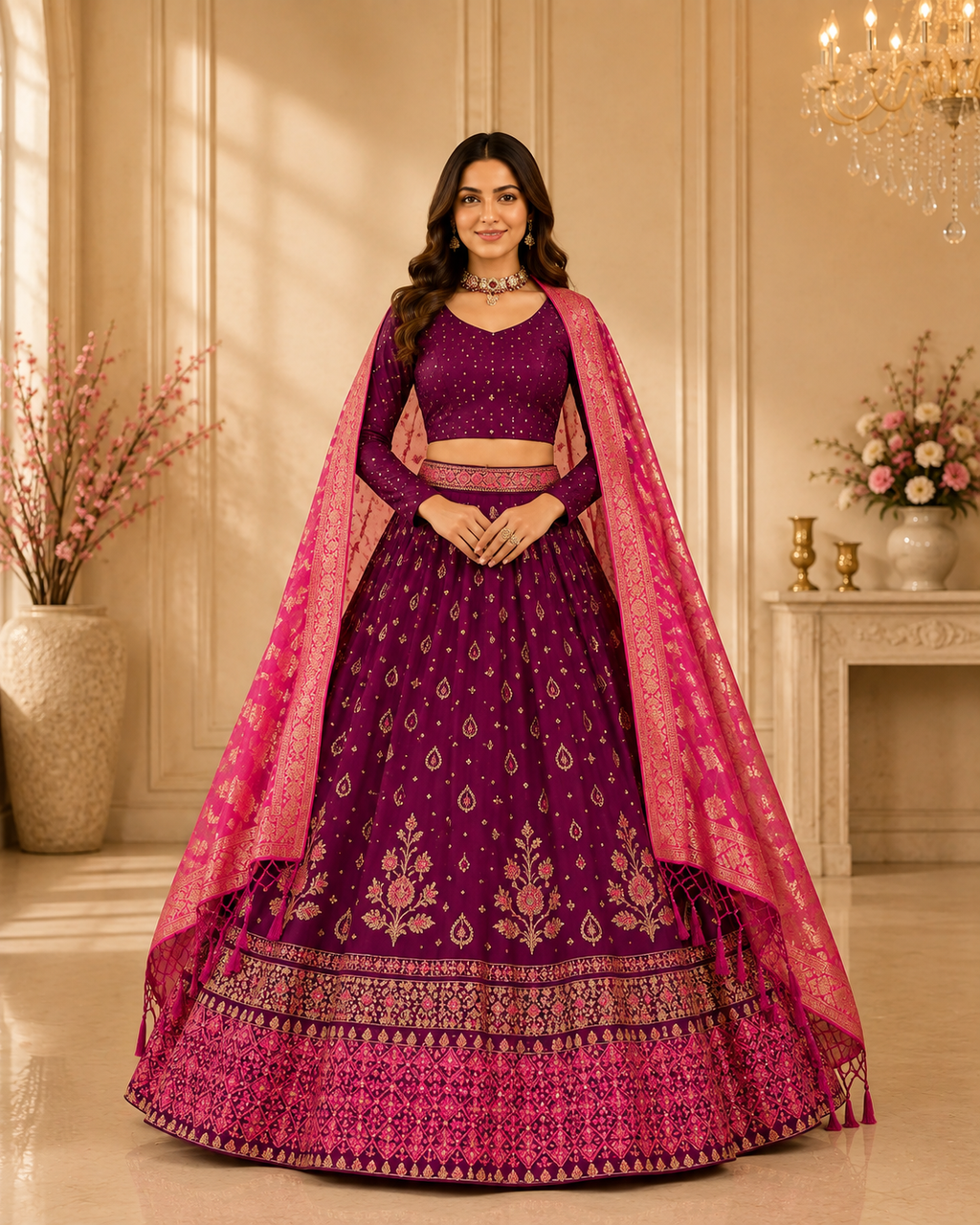 Women’s Purple Embroidered Lehenga Choli with Dupatta