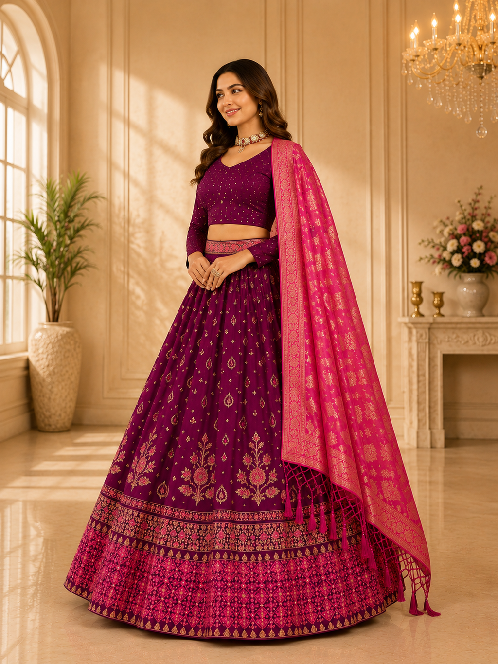Women’s Purple Embroidered Lehenga Choli with Dupatta