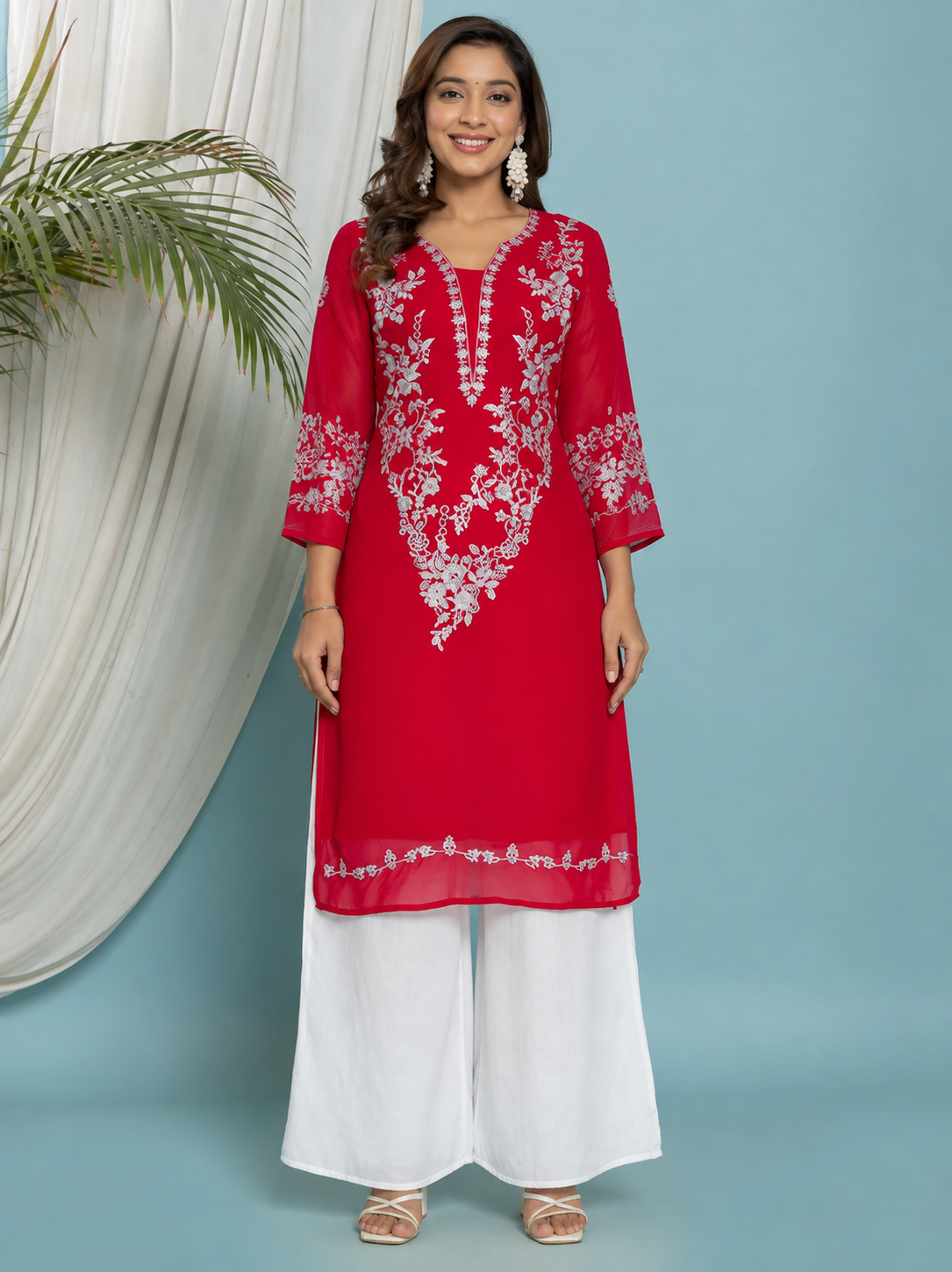 Floral Embroidered Georgette Kurta with Lining - Pink