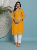 Floral Embroidered Georgette Kurta with Lining - Yellow