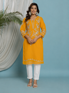 Floral Embroidered Georgette Kurta with Lining - Yellow