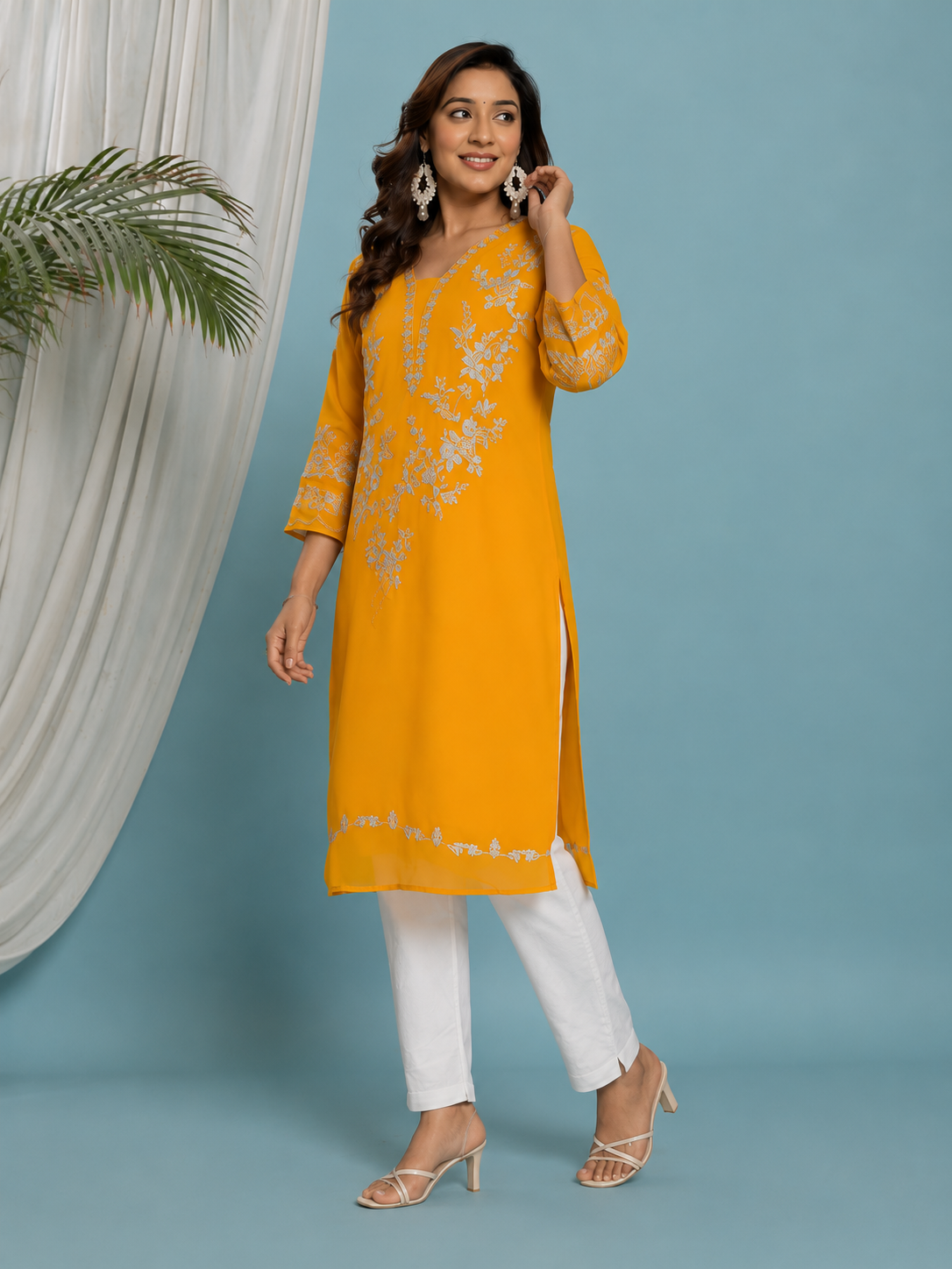 Floral Embroidered Georgette Kurta with Lining - Yellow