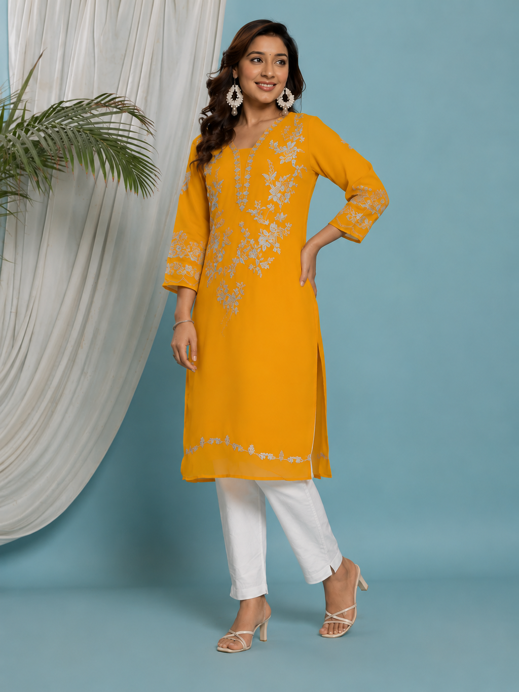 Floral Embroidered Georgette Kurta with Lining - Yellow