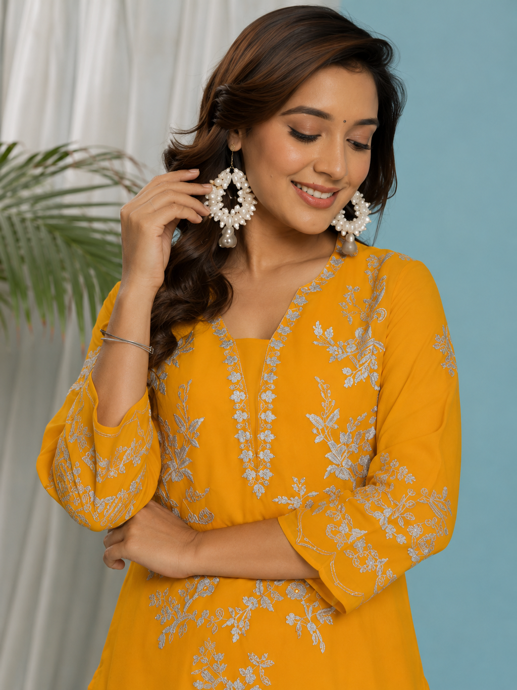 Floral Embroidered Georgette Kurta with Lining - Yellow