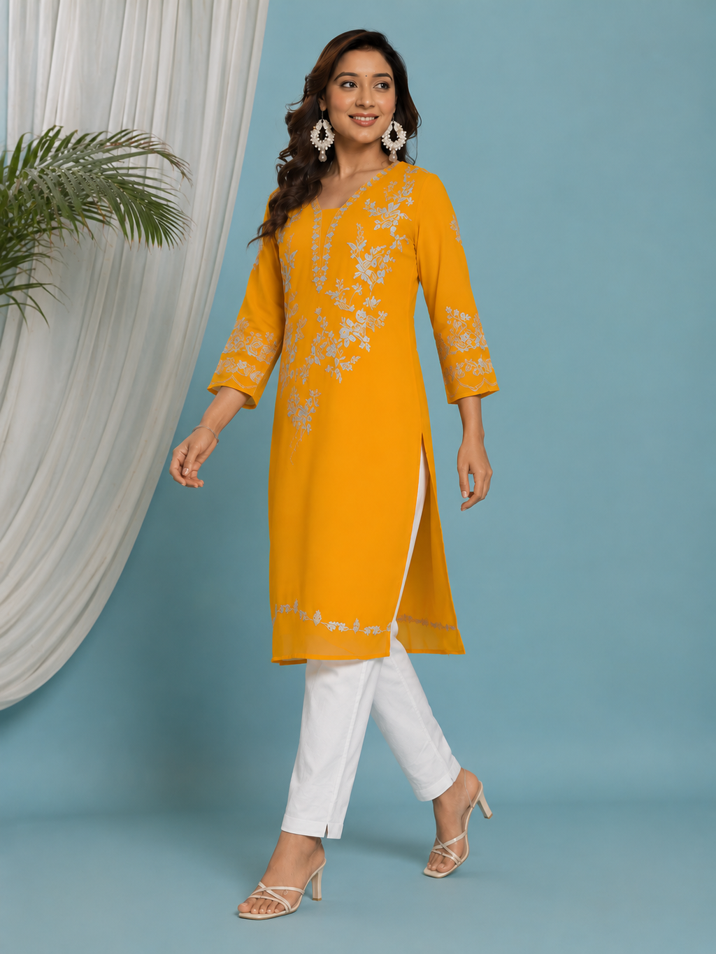 Floral Embroidered Georgette Kurta with Lining - Yellow