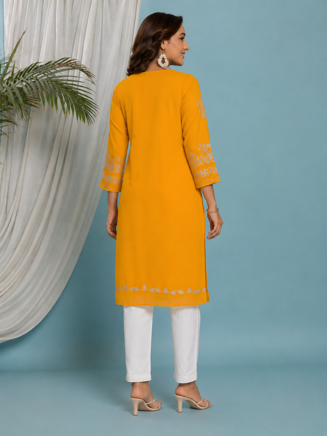 Floral Embroidered Georgette Kurta with Lining - Yellow