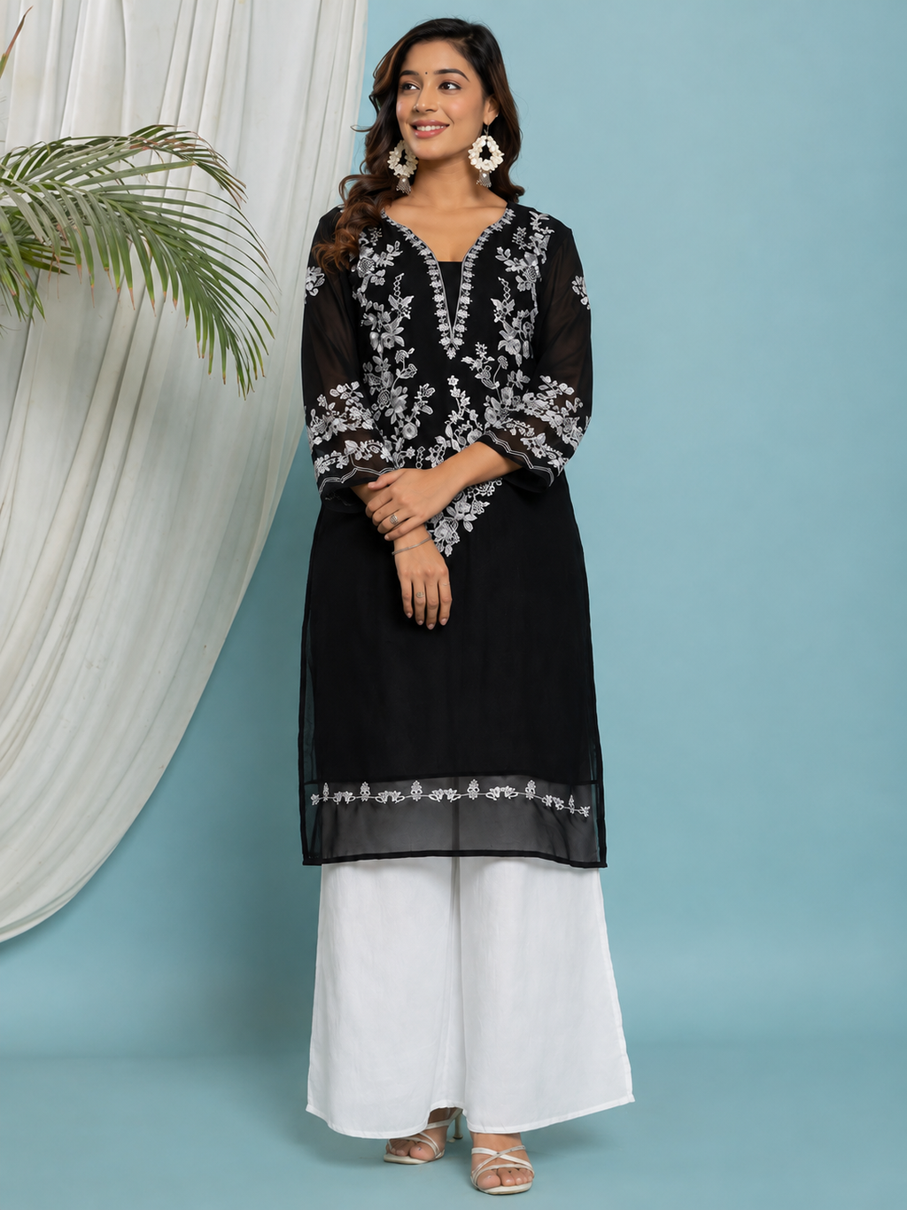 Floral Embroidered Georgette Kurta with Lining - Black