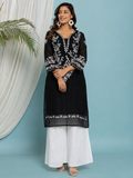 Floral Embroidered Georgette Kurta with Lining - Black