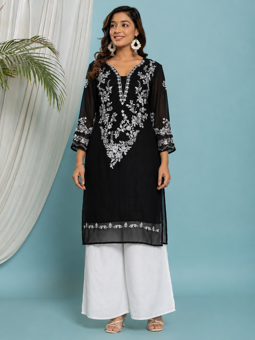 Floral Embroidered Georgette Kurta with Lining - Black
