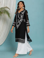 Floral Embroidered Georgette Kurta with Lining - Black