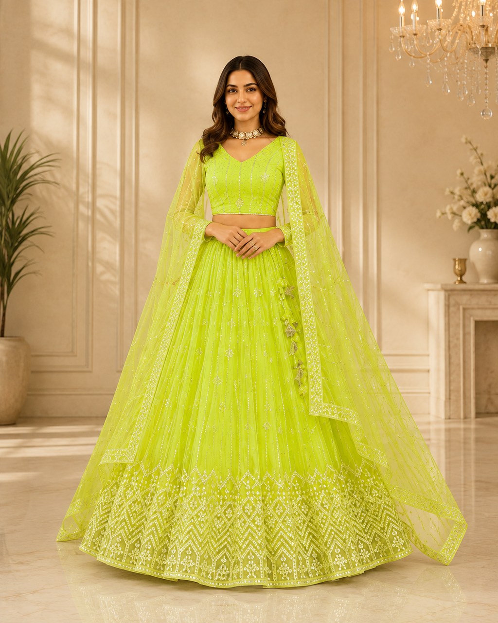 Royal Neon Lime Sequins Embroidered Lehenga Choli Set for Women