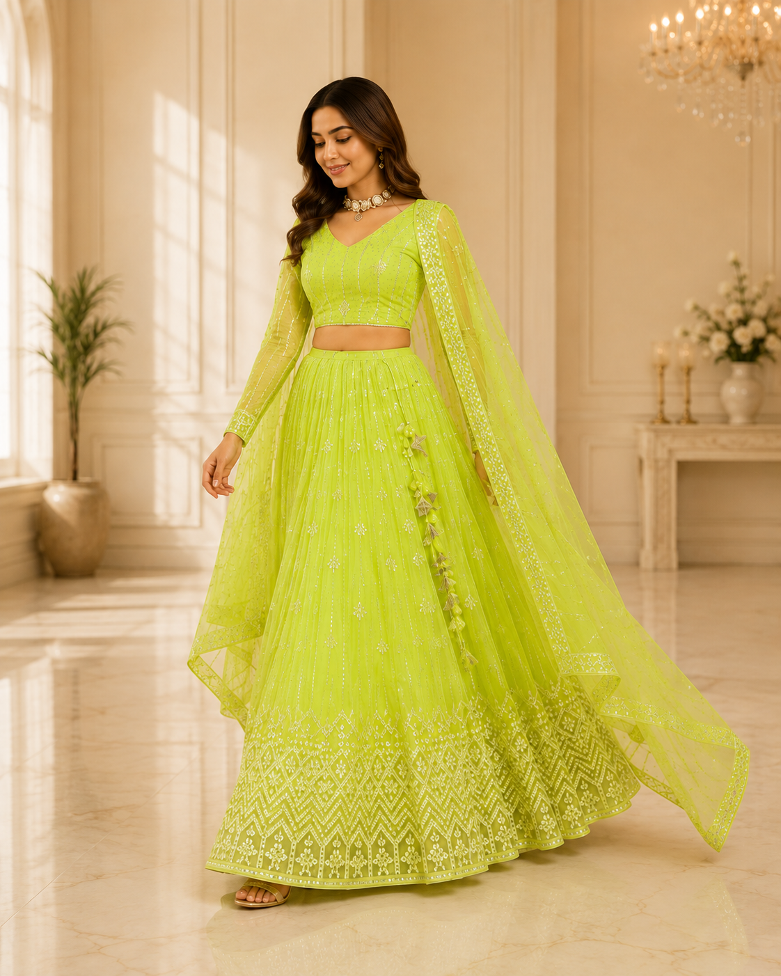 Royal Neon Lime Sequins Embroidered Lehenga Choli Set for Women