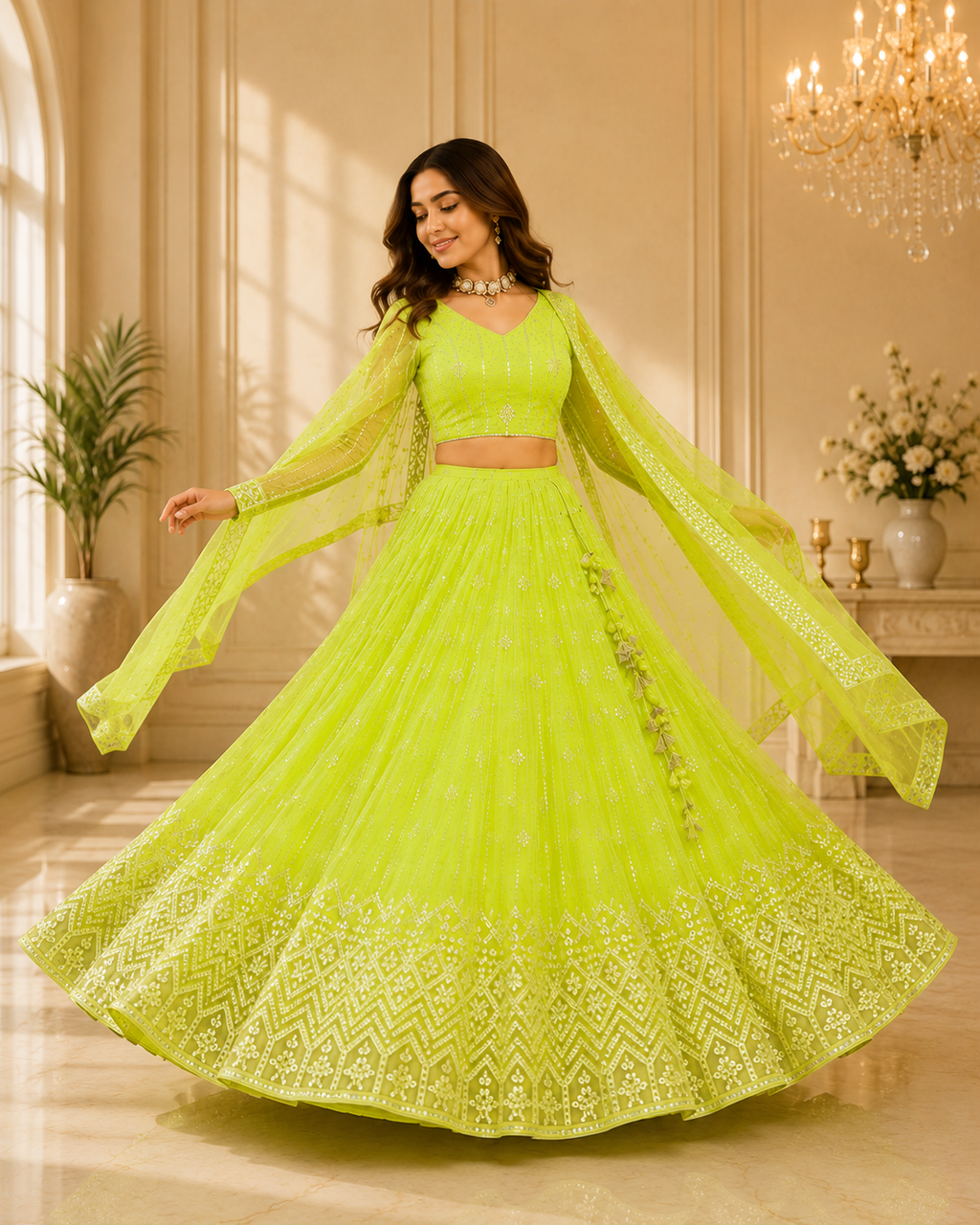 Royal Neon Lime Sequins Embroidered Lehenga Choli Set for Women