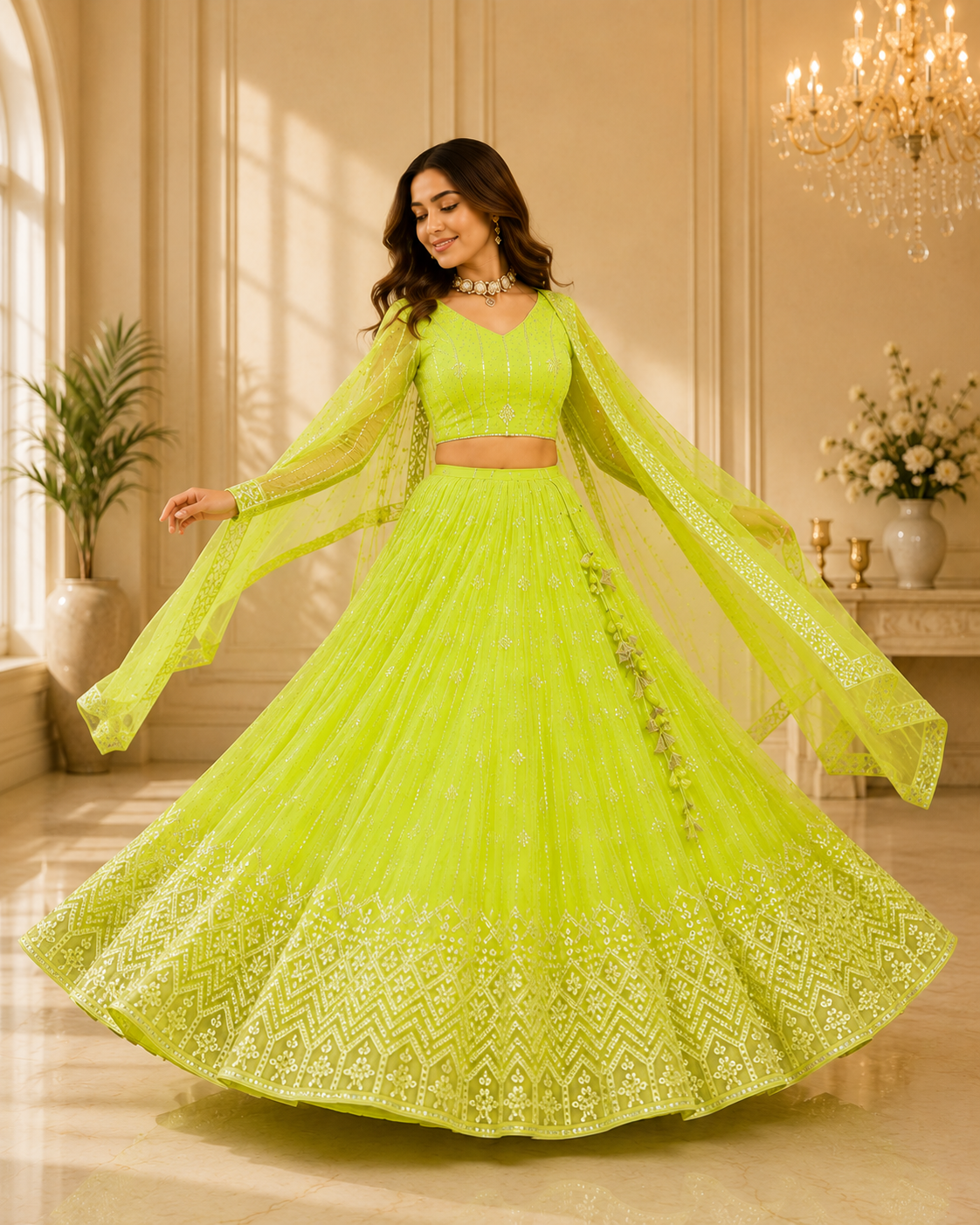 Royal Neon Lime Sequins Embroidered Lehenga Choli Set for Women