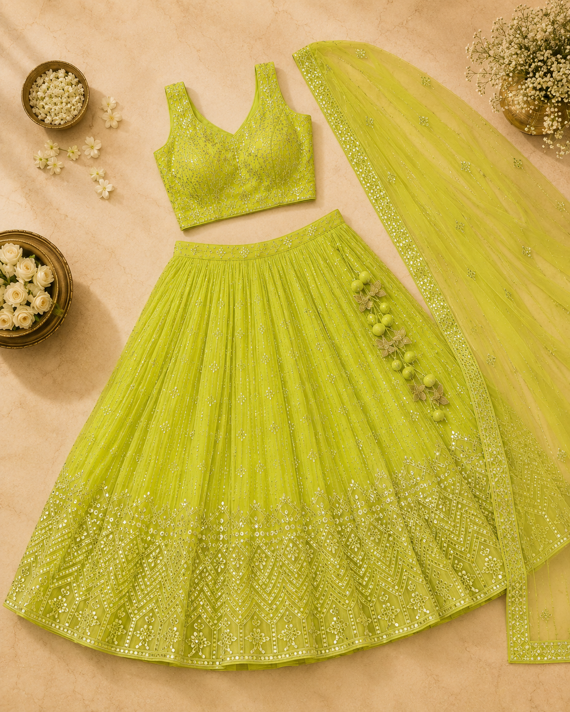 Royal Neon Lime Sequins Embroidered Lehenga Choli Set for Women