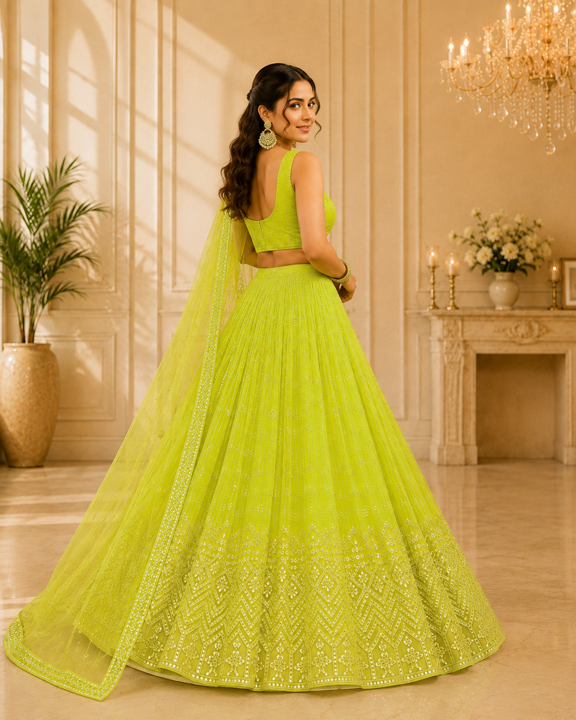 Royal Neon Lime Sequins Embroidered Lehenga Choli Set for Women