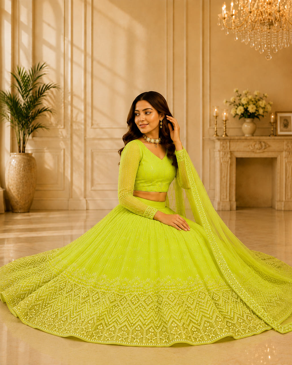 Royal Neon Lime Sequins Embroidered Lehenga Choli Set for Women