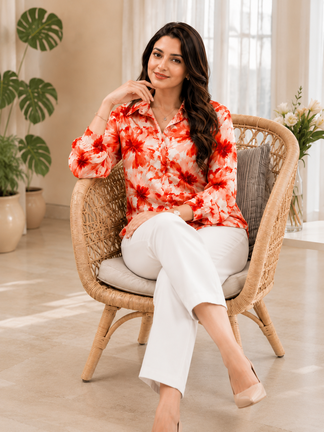 Women's Premium Floral Printed Casual Office Wear Shirt – Orange & White