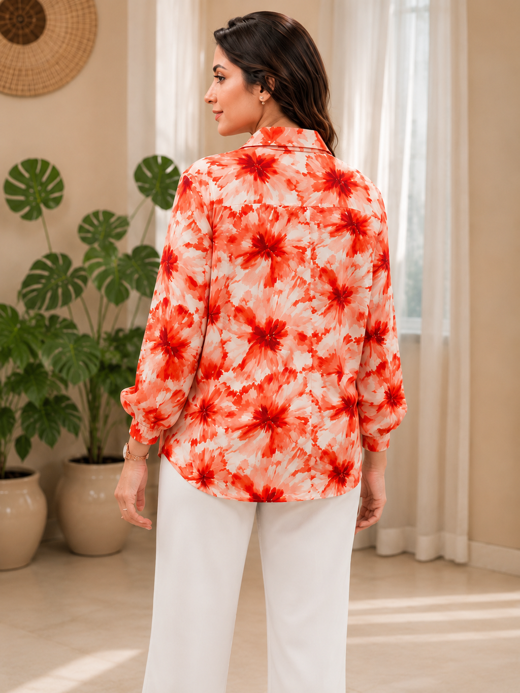 Women's Premium Floral Printed Casual Office Wear Shirt – Orange & White