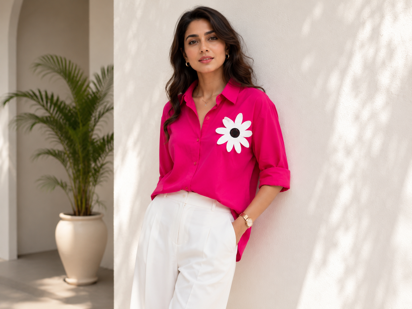 Hot Pink Daisy Patch Oversized Shirt