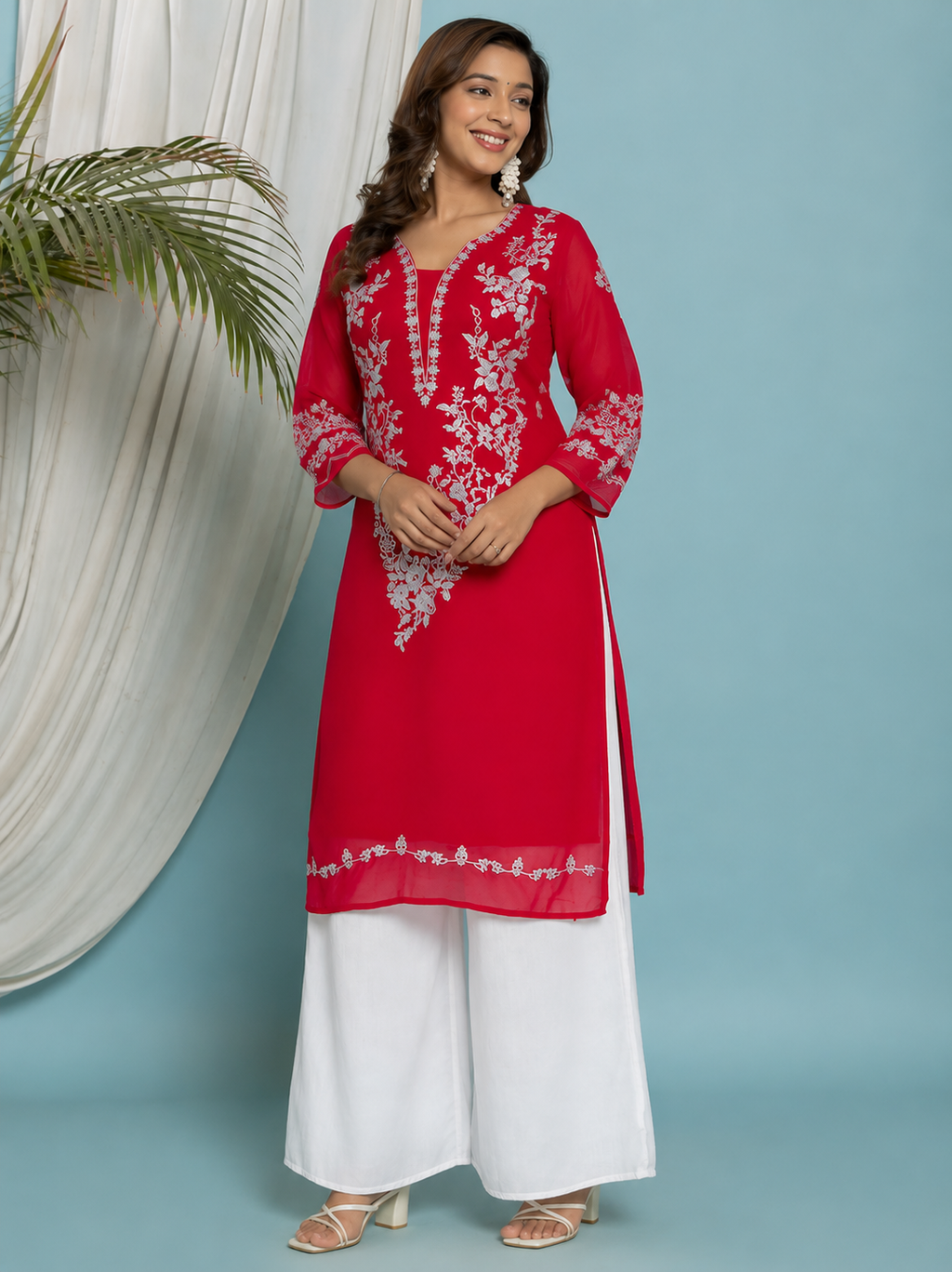 Floral Embroidered Georgette Kurta with Lining - Pink