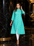 Cotton Printed A-line Collared Kurta - Sea Green