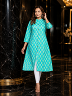 Cotton Printed A-line Collared Kurta - Sea Green