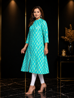 Cotton Printed A-line Collared Kurta - Sea Green