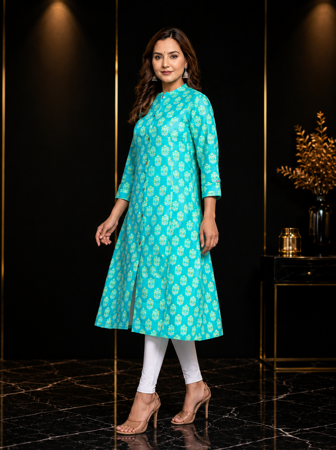 Cotton Printed A-line Collared Kurta - Sea Green