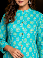 Cotton Printed A-line Collared Kurta - Sea Green
