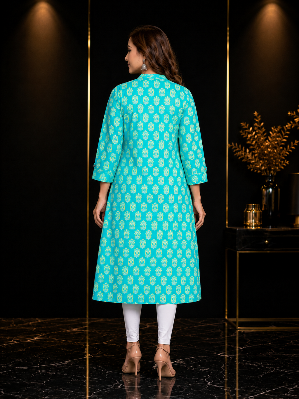 Cotton Printed A-line Collared Kurta - Sea Green