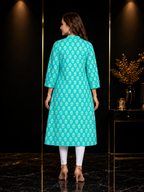 Cotton Printed A-line Collared Kurta - Sea Green