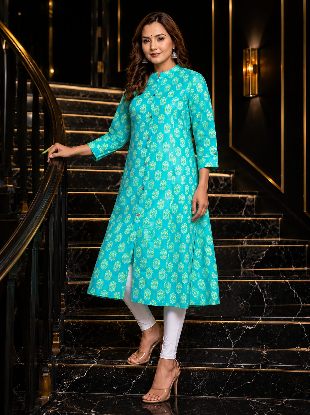 Cotton Printed A-line Collared Kurta - Sea Green