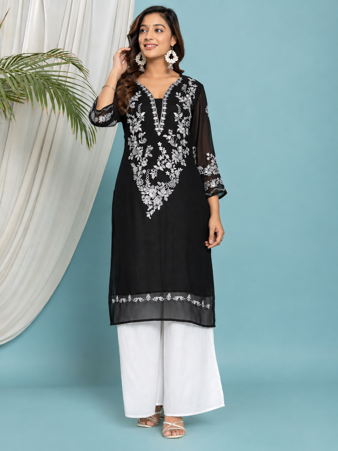 Floral Embroidered Georgette Kurta with Lining - Black